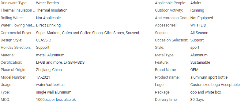 TA-2021 aluminum sport bottle parameters