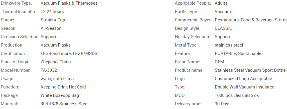 TA-3032 Sports thermos parameters